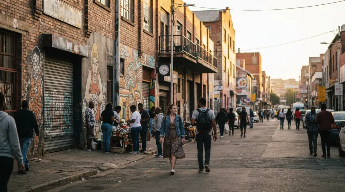 Fox Street en Maboneng al atardecer, almacenes de ladrillo visto, fachadas de persiana enrollable y grandes murales captando la luz cálida