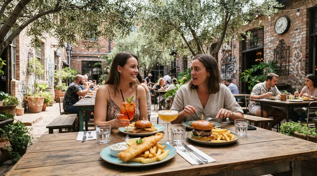The Canteen en el patio de Arts on Main, olivos arriba, una mesa de brunch con pescado rebozado con cerveza, hamburguesa y cócteles a la luz del día