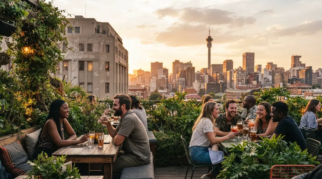 La azotea de The Living Room en el quinto piso del edificio Main Change, asientos cubiertos de plantas y vista del perfil urbano al atardecer