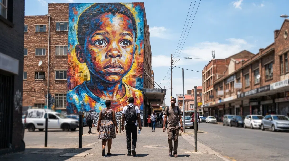 Un gran mural de Nelson Makamo en Van Beek Street en Maboneng, colores brillantes de retratos elevándose sobre la calle al mediodía