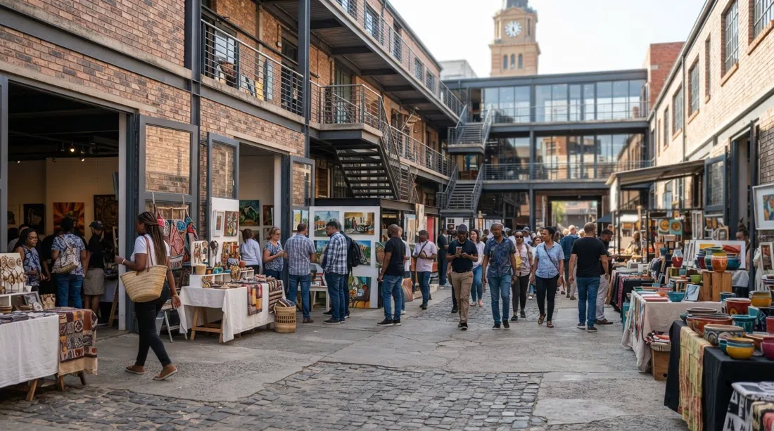 Patio del almacén Arts on Main con puertas de galería abiertas, gente moviéndose entre estudios y el mercado dominical bajo una luz matutina brillante