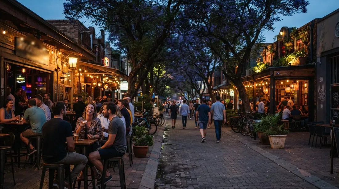Calle 7 en Melville al atardecer temprano, sombra de jacarandá sobre la acera, luces de bares comenzando a brillar fuera de restaurantes regentados por sus dueños y bares de buceo