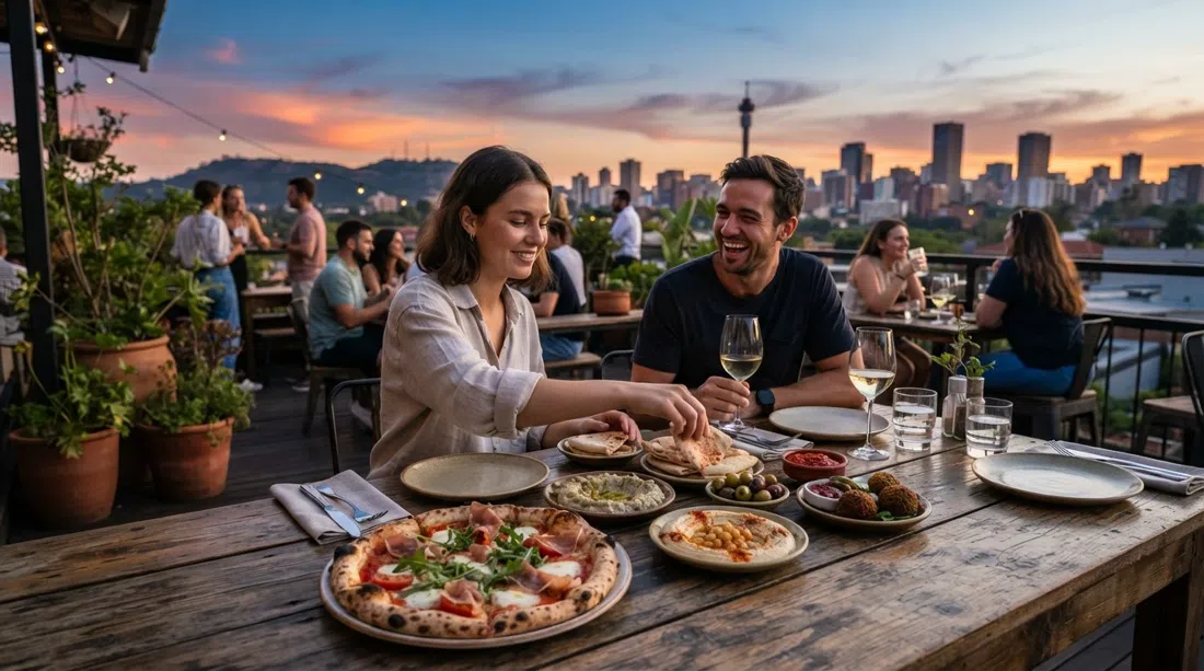 pizza al horno de leña y platos pequeños de Oriente Medio en la terraza de Pablo House, horizonte de Johannesburgo y Melville Koppies visibles al fondo al atardecer