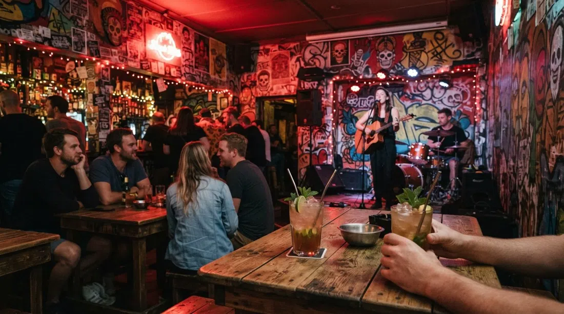 el interior cubierto de murales de Smoking Kills Bar en la Avenida 4, iluminación roja, cócteles de ron artesanal y un pequeño escenario preparado para una banda local