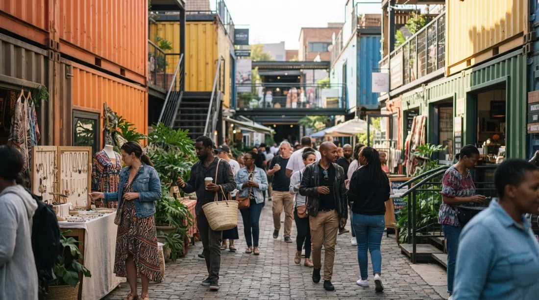 27 Boxes en la 4.ª Avenida, hecho de contenedores marítimos apilados, visitantes de fin de semana moviéndose entre puestos artesanales y mostradores de comida gourmet