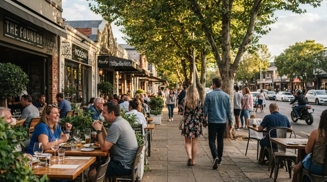 4th Avenue en Parkhurst al atardecer, frentes de restaurantes abiertos a la acera con peatones paseando entre mesas y árboles frondosos