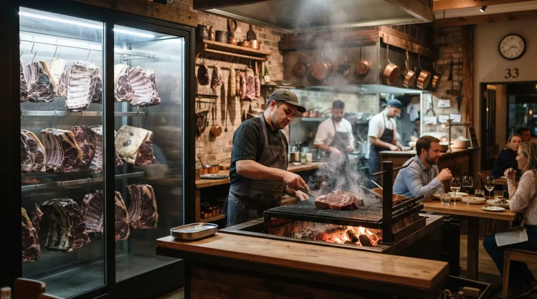 The Blockman en 33 4th Avenue en Parkhurst, con la sala de maduración visible, interior de asador de leña y un corte de carne listo para la parrilla