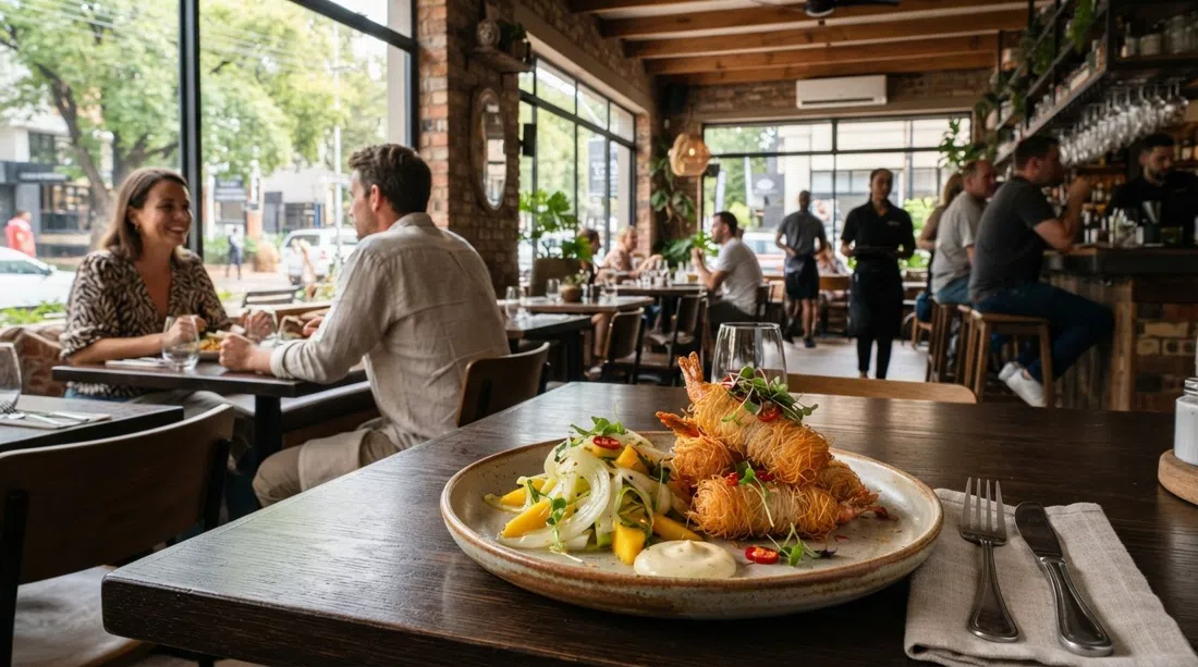 Embarc en la esquina de 4th y 13th en Parkhurst, con un plato de langostinos kataifi y detalles del comedor contemporáneo