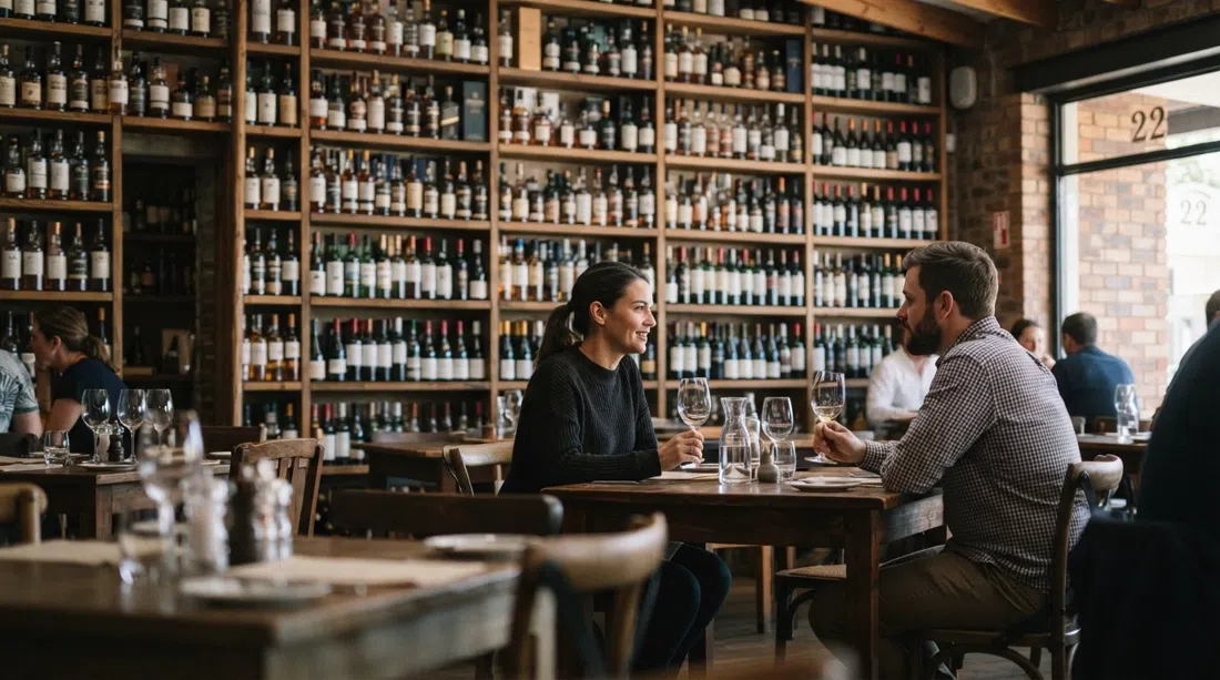 Bottega en 22 4th Avenue, mostrando la pared de whisky apilada hasta el techo, botellas de vino sudafricano y un ambiente pequeño e íntimo de bistró