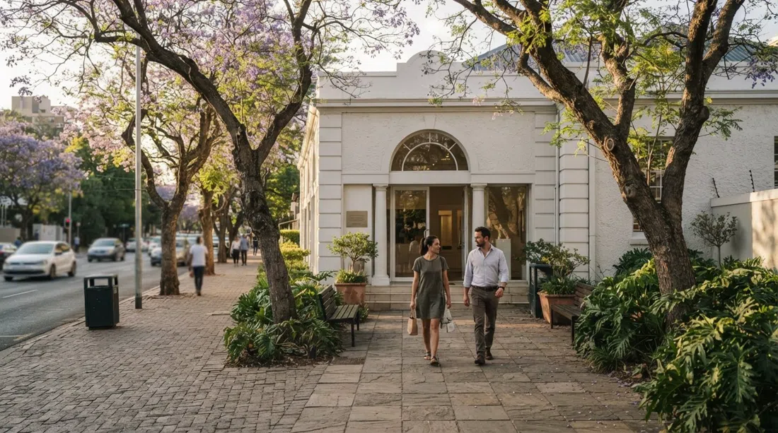 Galería Everard Read en la avenida Jellicoe al atardecer, su fachada blanca y tranquila y los árboles de la calle enmarcando la entrada