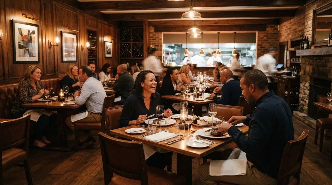 Comedor de The Grillhouse en The Firs, mesas dispuestas e interior de madera cálida con el ambiente de restaurante de carnes a la hora de la cena