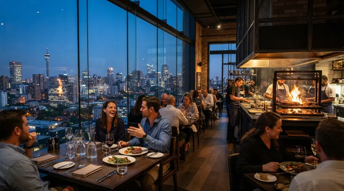 Restaurante Marble en la cima del Trumpet, ventanales de piso a techo con el horizonte de Johannesburgo y el resplandor de la parrilla de leña en el interior