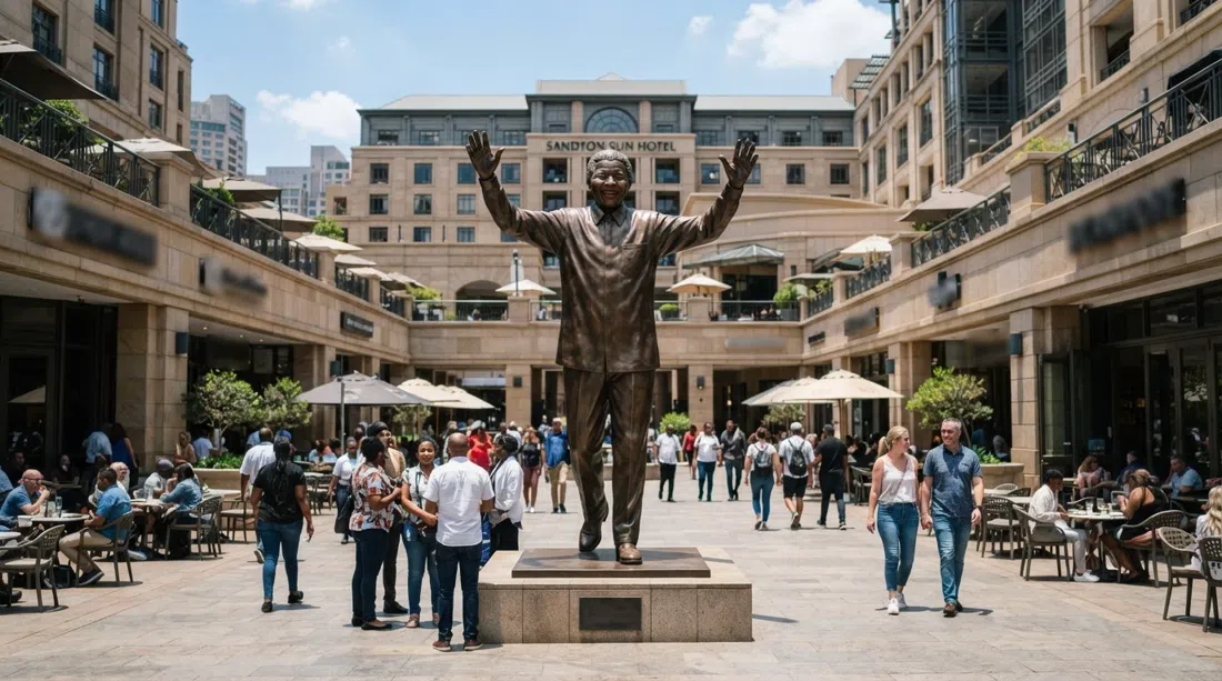 Plaza Nelson Mandela en Sandton con la estatua de bronce de Mandela de seis metros centrada en la plaza, bordes de hotel y centro comercial a su alrededor bajo una brillante luz del mediodía