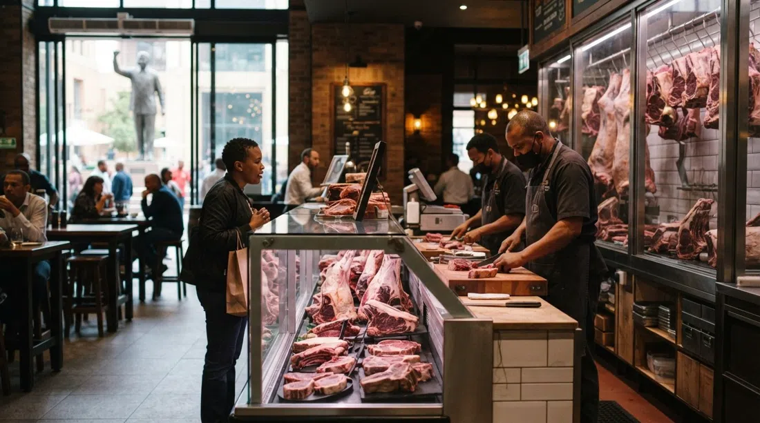 The Butcher Shop & Grill en la Plaza Nelson Mandela con su mostrador de carnicería para llevar, cortes madurados en seco expuestos bajo la cálida luz del restaurante