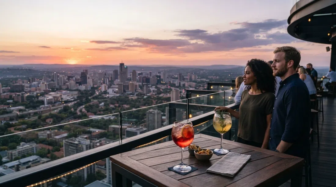Alto234 en el piso 57 de The Leonardo con copas de cóctel y vistas de 360 grados de la ciudad que se extienden a lo lejos al atardecer