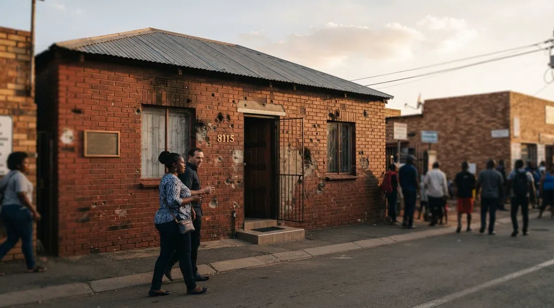 Mandela House en 8115 Vilakazi Street, la fachada de ladrillo rojo con agujeros de bala y marcas de quemaduras visibles a la luz de la tarde