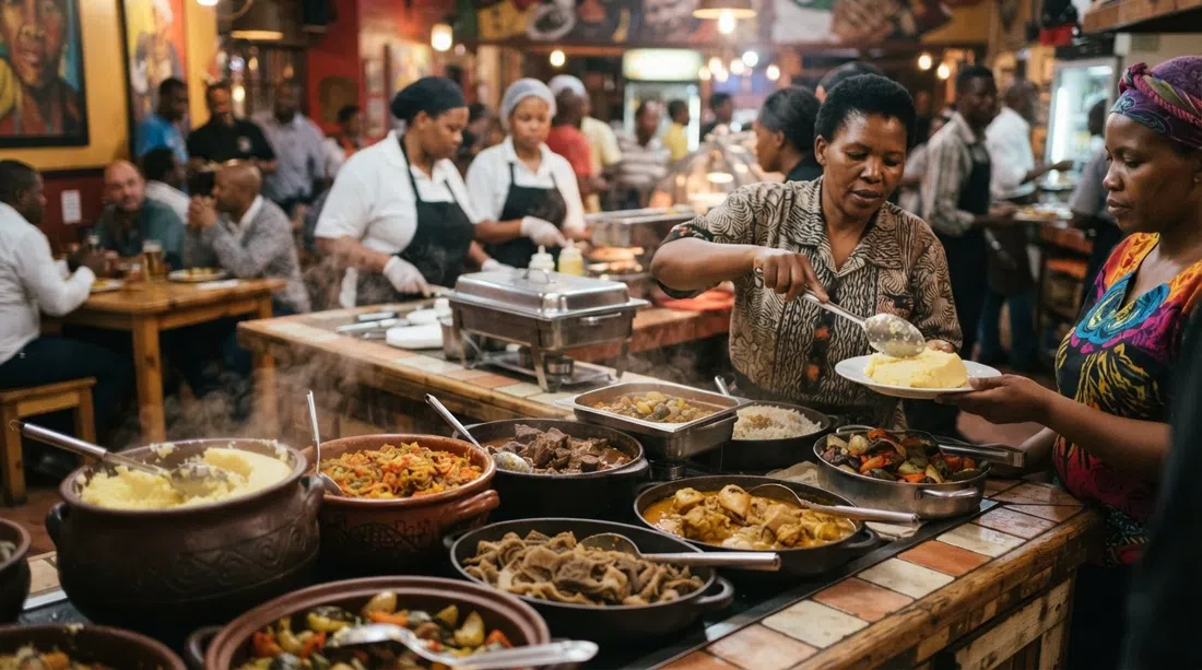 el bufet en Sakhumzi Restaurant en Vilakazi Street, con pap, chakalaka, estofados y mogodu bajo luz cálida interior