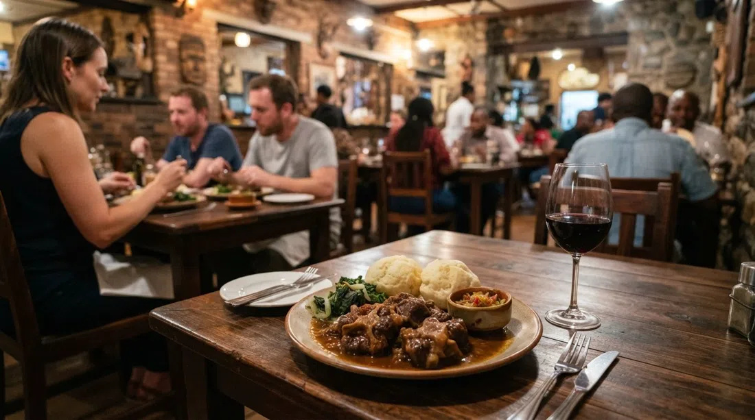 rabo de toro y dombolo en 1947 on Vilakazi Street, con una copa de vino tinto y el comedor cálido del restaurante al fondo