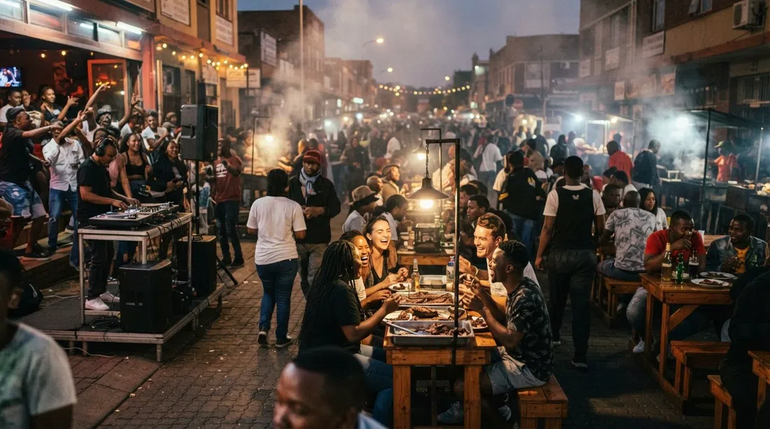 Calle Vilakazi al atardecer con mesas al aire libre, equipo de DJ y multitudes reunidas bajo el cálido humo de las brasas y las farolas