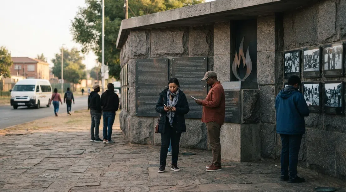 exterior de granito del Hector Pieterson Memorial en Khumalo Street, con visitantes leyendo el memorial bajo una suave luz matutina